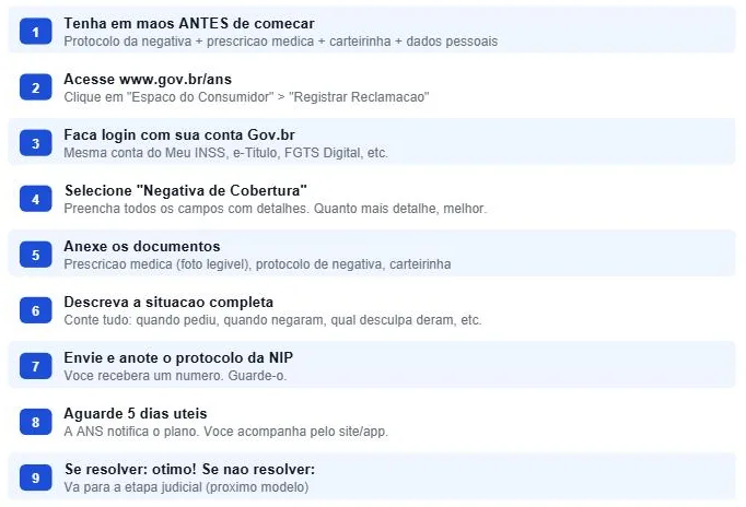 Página real do dossiê, com o passo a passo da reclamação na ANS.
